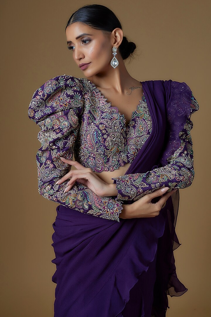 Purple Chiffon Ruffled Reception Saree Set by Mrunalini Rao at Pernia's Pop Up Shop