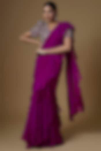 Purple Chiffon Ruffled Saree Set by Mrunalini Rao