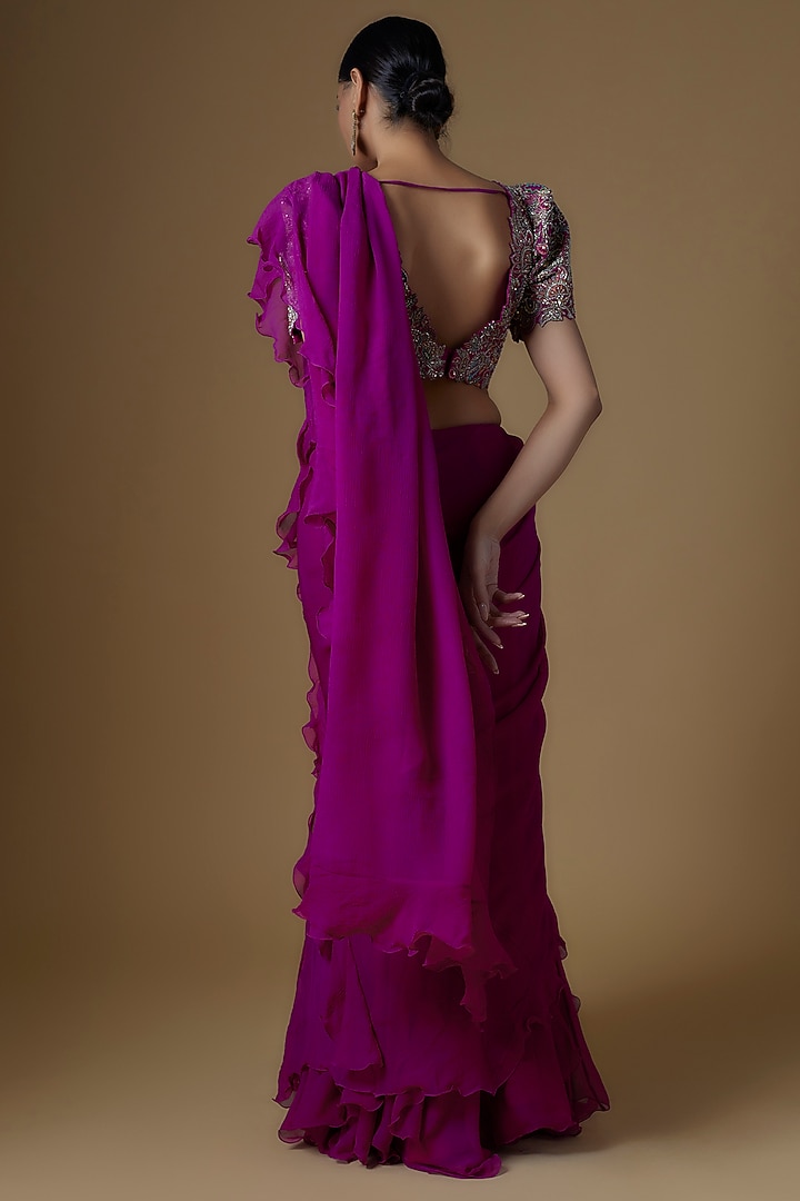 Purple Chiffon Ruffled Reception Saree Set by Mrunalini Rao at Pernia's Pop Up Shop