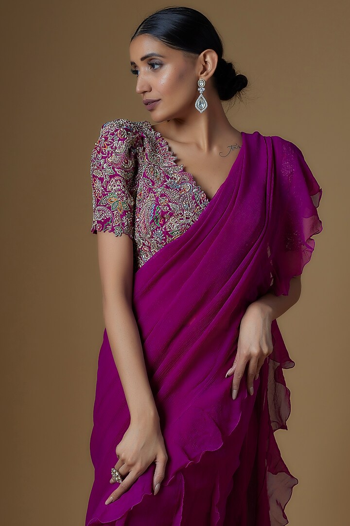 Purple Chiffon Ruffled Reception Saree Set by Mrunalini Rao at Pernia's Pop Up Shop