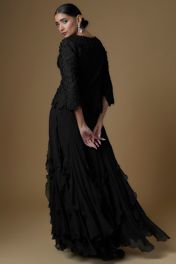 Black Chiffon Ruffled Skirt Set by Mrunalini Rao at Pernia's Pop Up Shop