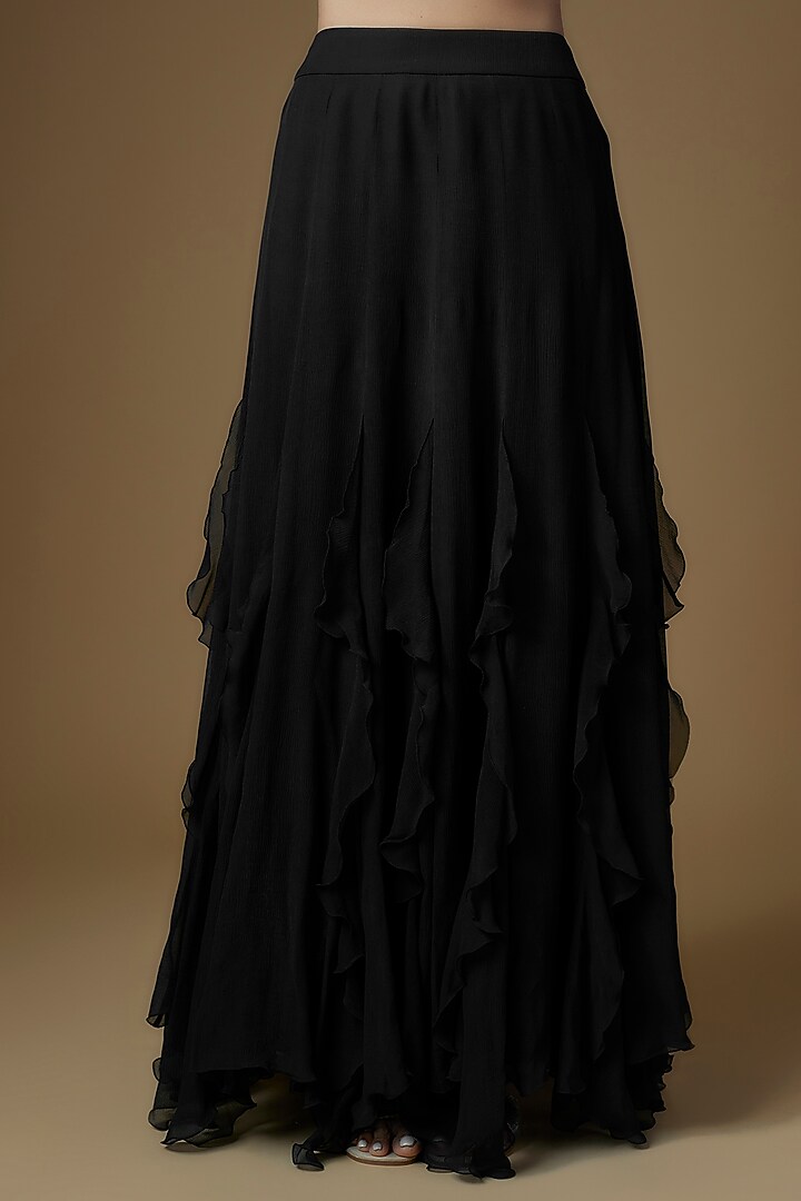 Black Chiffon Ruffled Skirt Set by Mrunalini Rao at Pernia's Pop Up Shop