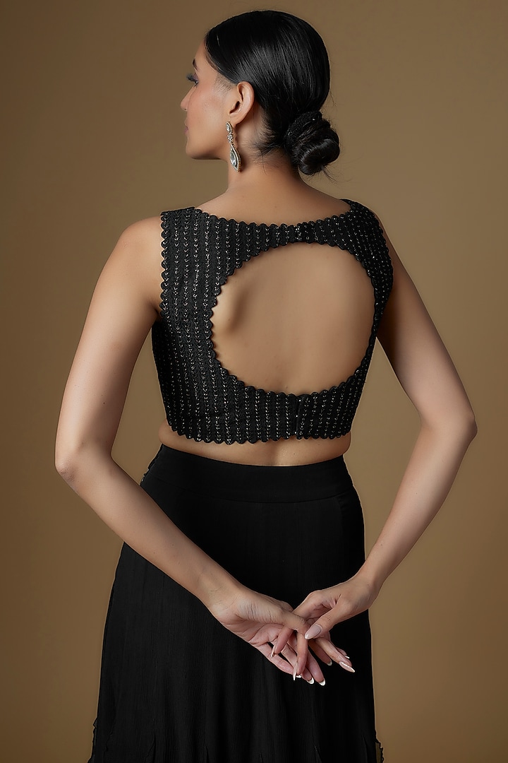 Black Chiffon Ruffled Skirt Set by Mrunalini Rao at Pernia's Pop Up Shop