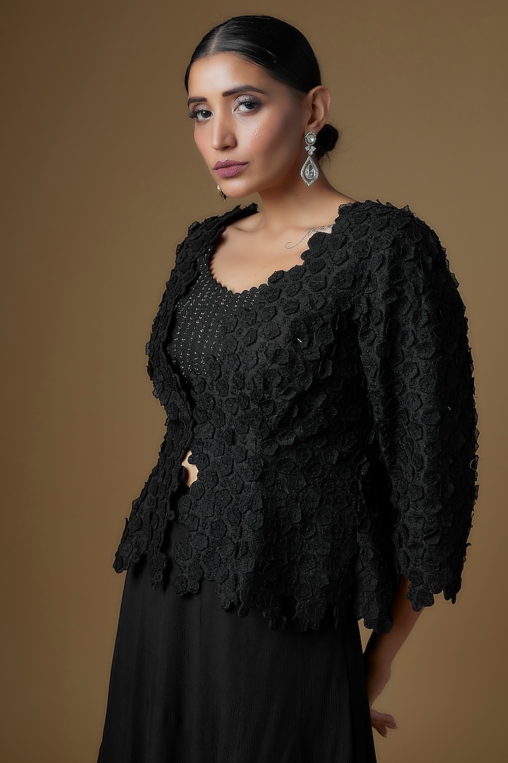 Black Chiffon Ruffled Skirt Set by Mrunalini Rao at Pernia's Pop Up Shop