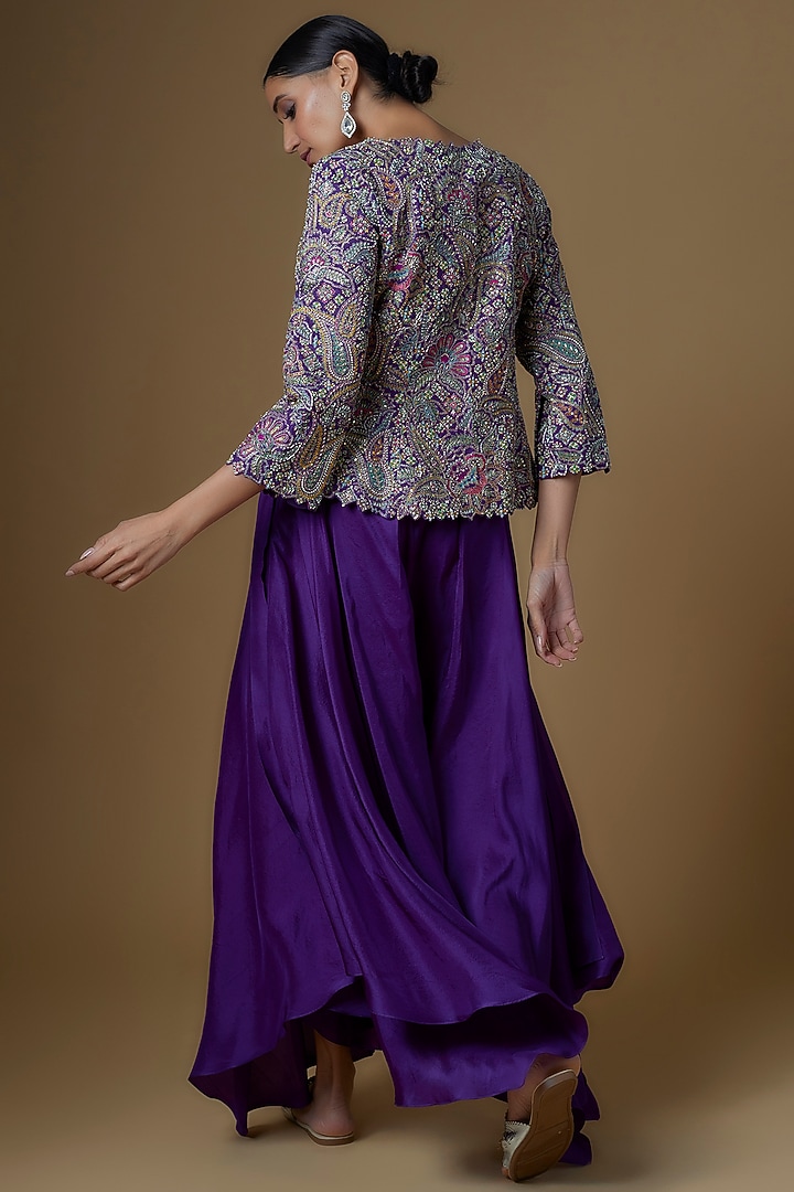 Violet Raw Silk & Organza Embroidered Jacket Set by Mrunalini Rao at Pernia's Pop Up Shop