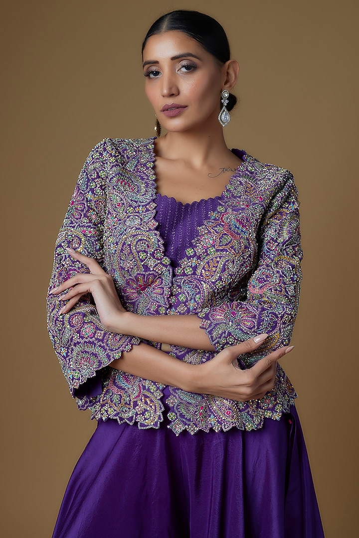 Violet Raw Silk & Organza Embroidered Jacket Set by Mrunalini Rao at Pernia's Pop Up Shop
