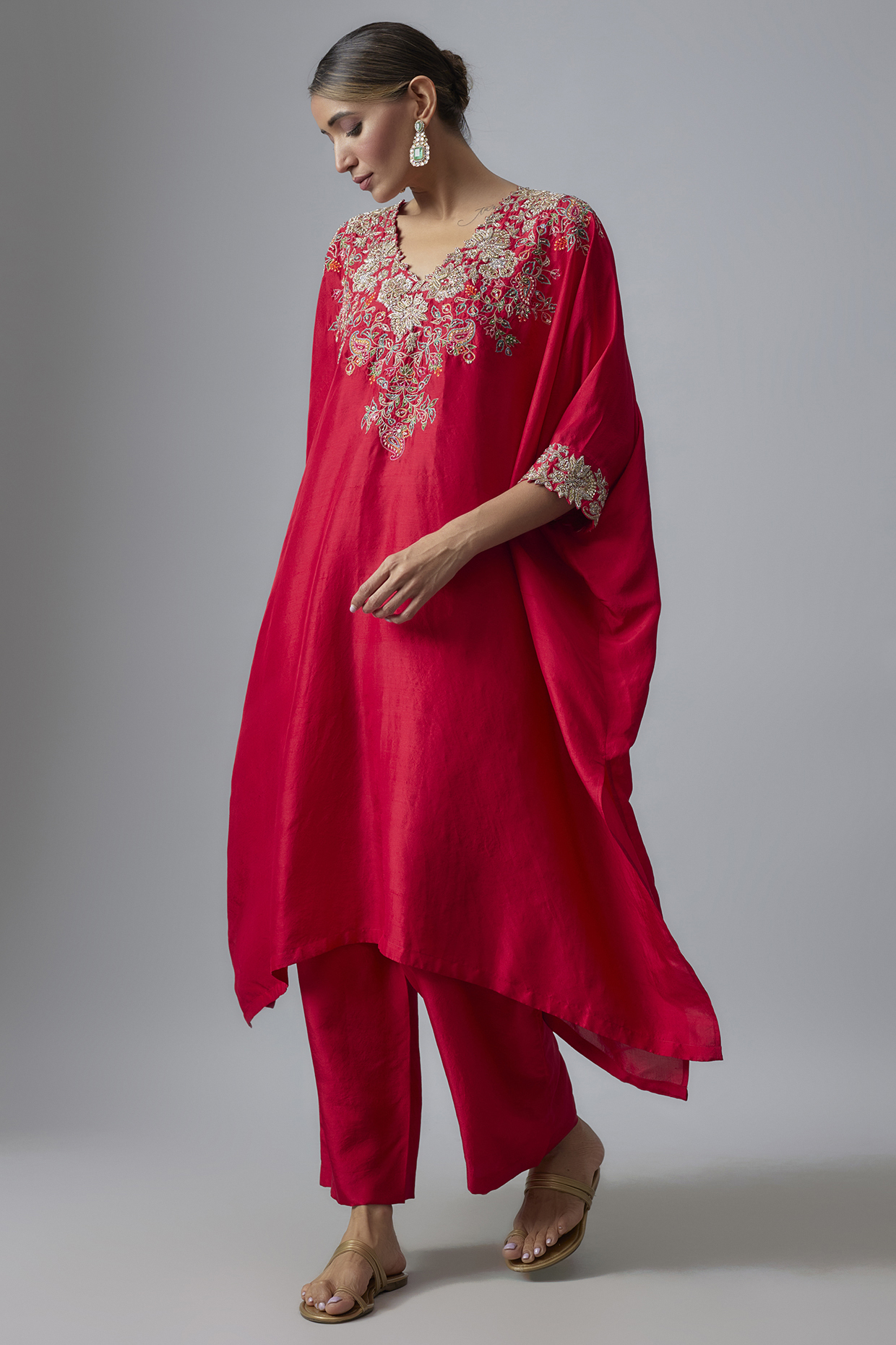 Red Silk Zardosi & Pearl Hand Embroidered Kaftan Set by Mrunalini Rao at Pernia's Pop Up Shop