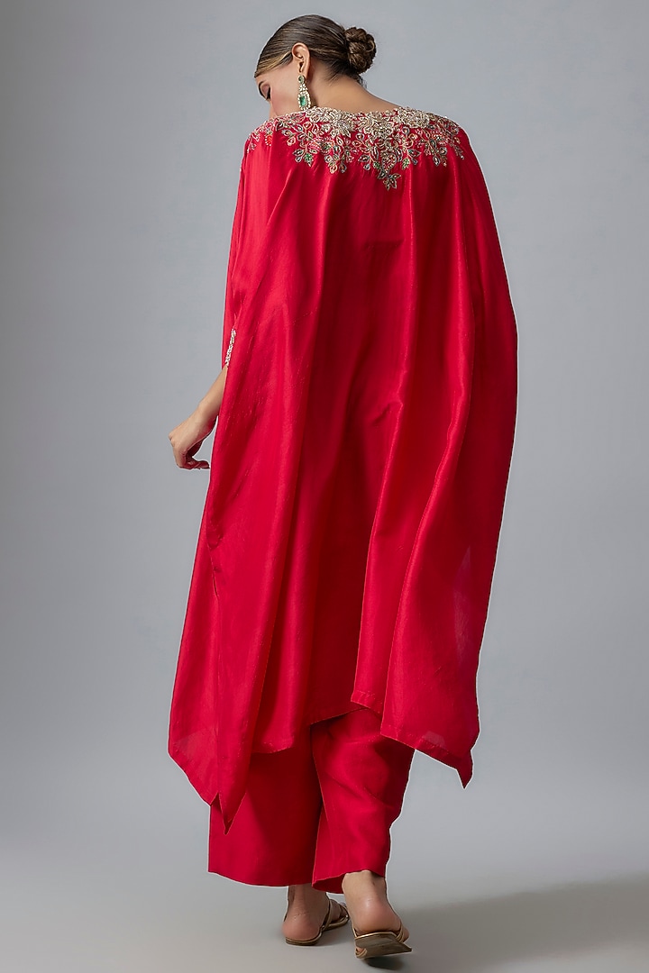 Red Silk Zardosi & Pearl Hand Embroidered Kaftan Set by Mrunalini Rao at Pernia's Pop Up Shop