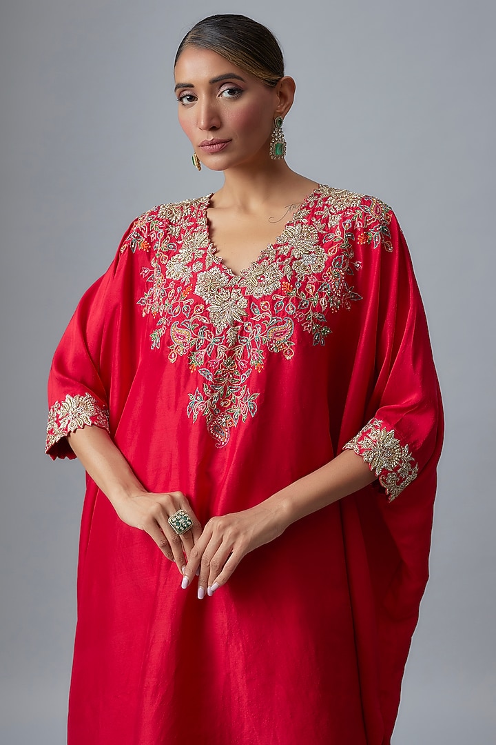 Red Silk Zardosi & Pearl Hand Embroidered Kaftan Set by Mrunalini Rao at Pernia's Pop Up Shop