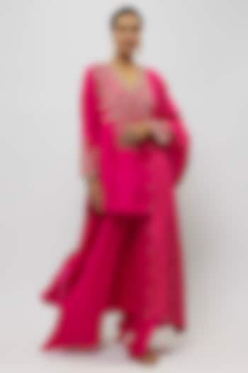 Hot Pink Pure Silk Pearl & Zardosi Embroidered Short Kurta Set by Mrunalini Rao at Pernia's Pop Up Shop