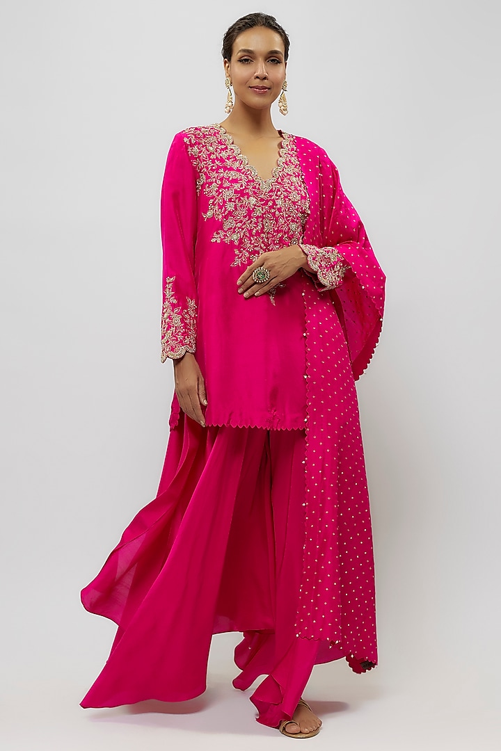 Hot Pink Pure Silk Pearl & Zardosi Embroidered Short Kurta Set by Mrunalini Rao at Pernia's Pop Up Shop