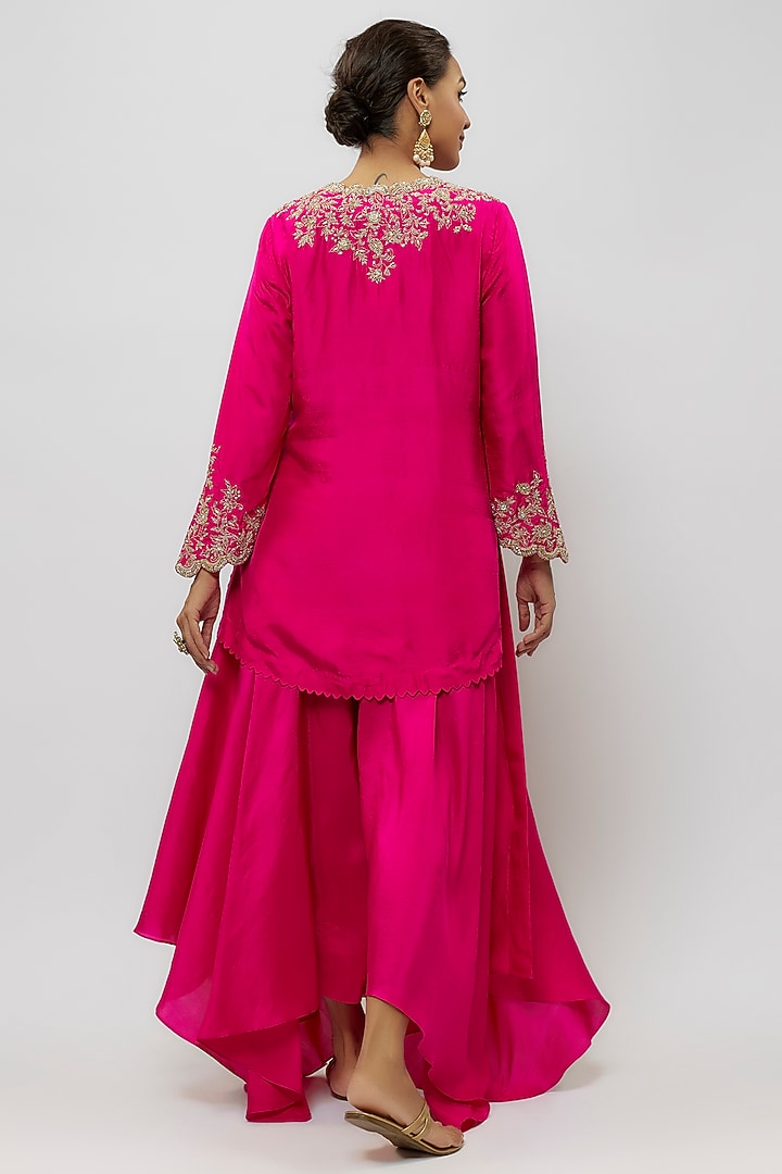 Hot Pink Pure Silk Pearl & Zardosi Embroidered Short Kurta Set by Mrunalini Rao at Pernia's Pop Up Shop