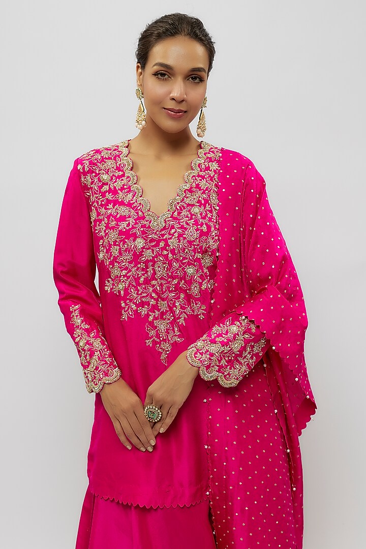 Hot Pink Pure Silk Pearl & Zardosi Embroidered Short Kurta Set by Mrunalini Rao at Pernia's Pop Up Shop