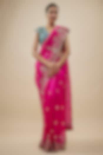 Hot Pink Organza Zardosi & Sequin Embroidered Bridal Saree Set by Mrunalini Rao at Pernia's Pop Up Shop