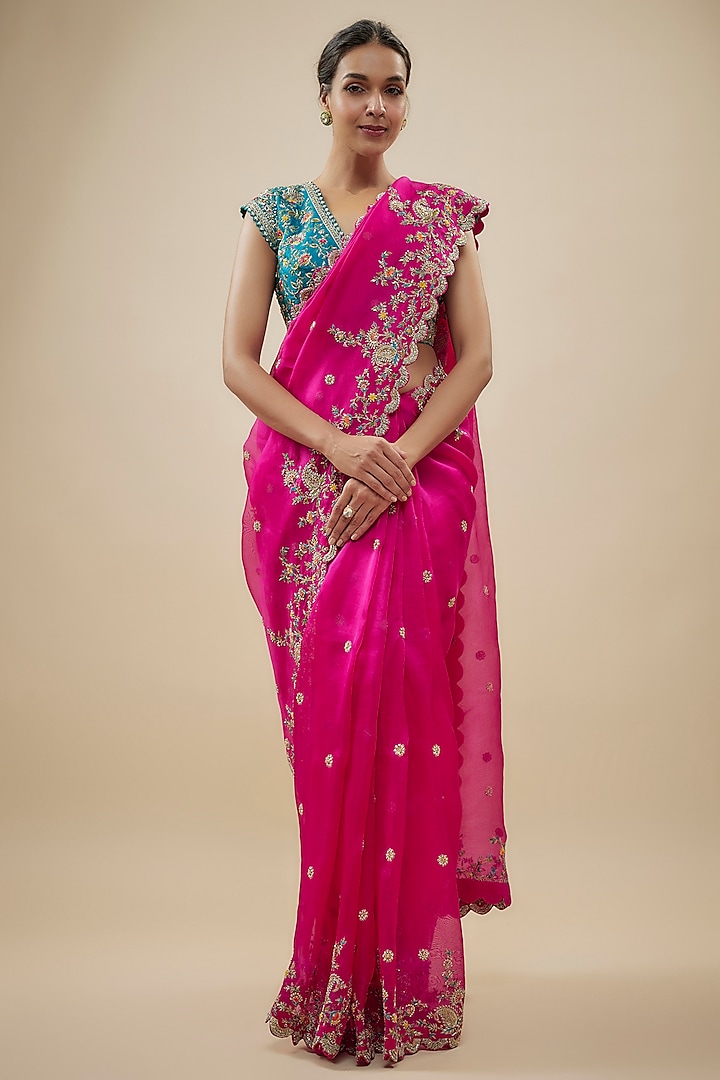 Hot Pink Organza Zardosi & Sequin Embroidered Bridal Saree Set by Mrunalini Rao at Pernia's Pop Up Shop