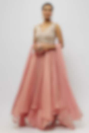 Peach Raw Silk & Organza Hand Embroidered Anarkali Set by Mrunalini Rao at Pernia's Pop Up Shop