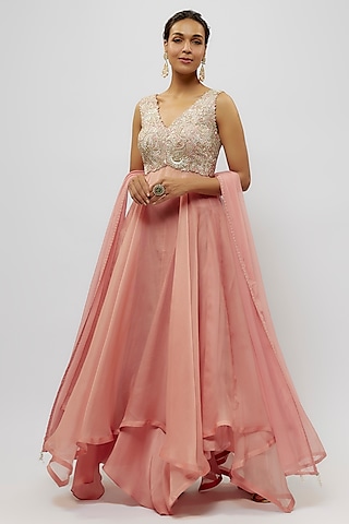 Peach Raw Silk & Organza Hand Embroidered Anarkali Set by Mrunalini Rao