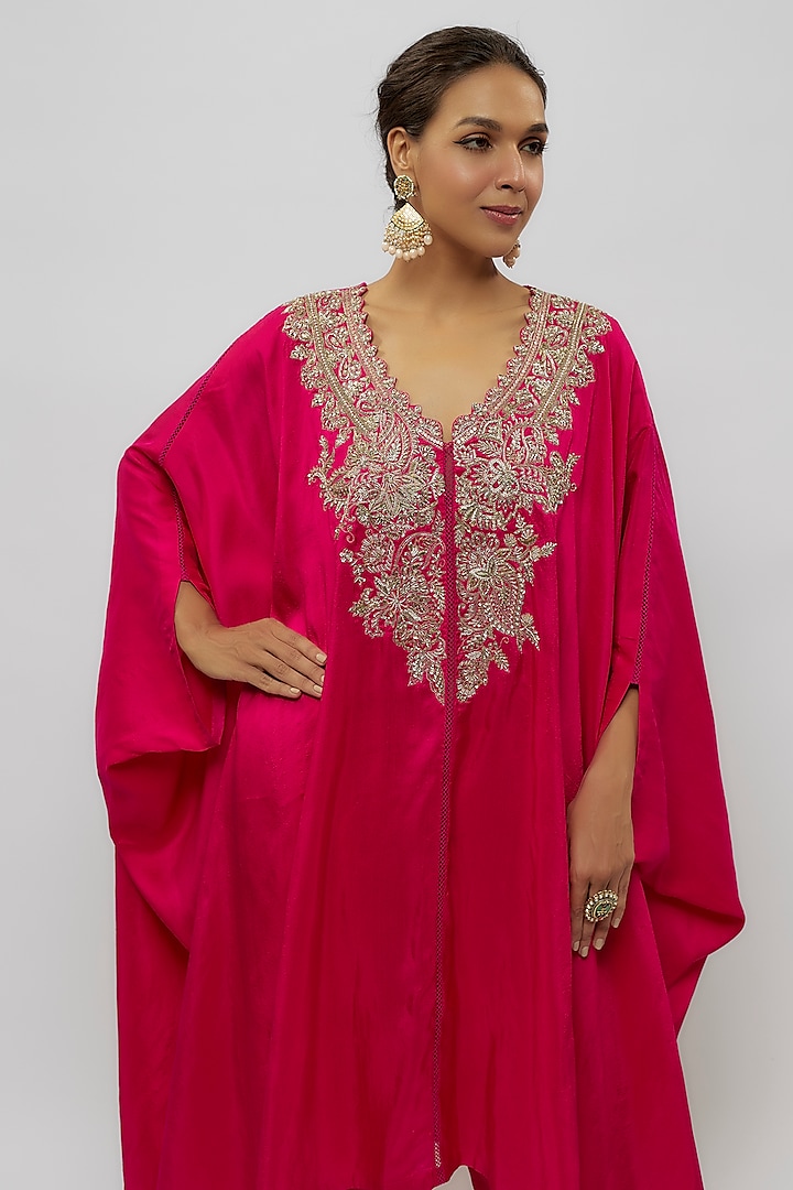 Hot Pink Silk Zardosi Embroidered Cowl Kurta Set by Mrunalini Rao at Pernia's Pop Up Shop