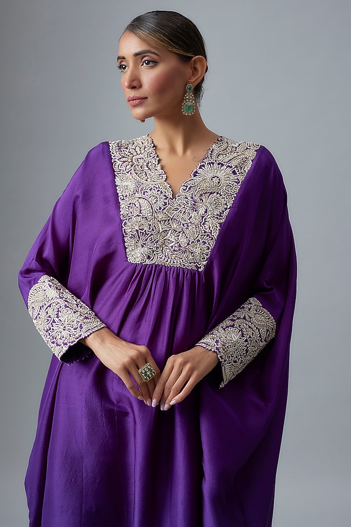 Purple Pure Silk Zardosi & Pearl Hand Embroidered Kurta Set by Mrunalini Rao at Pernia's Pop Up Shop