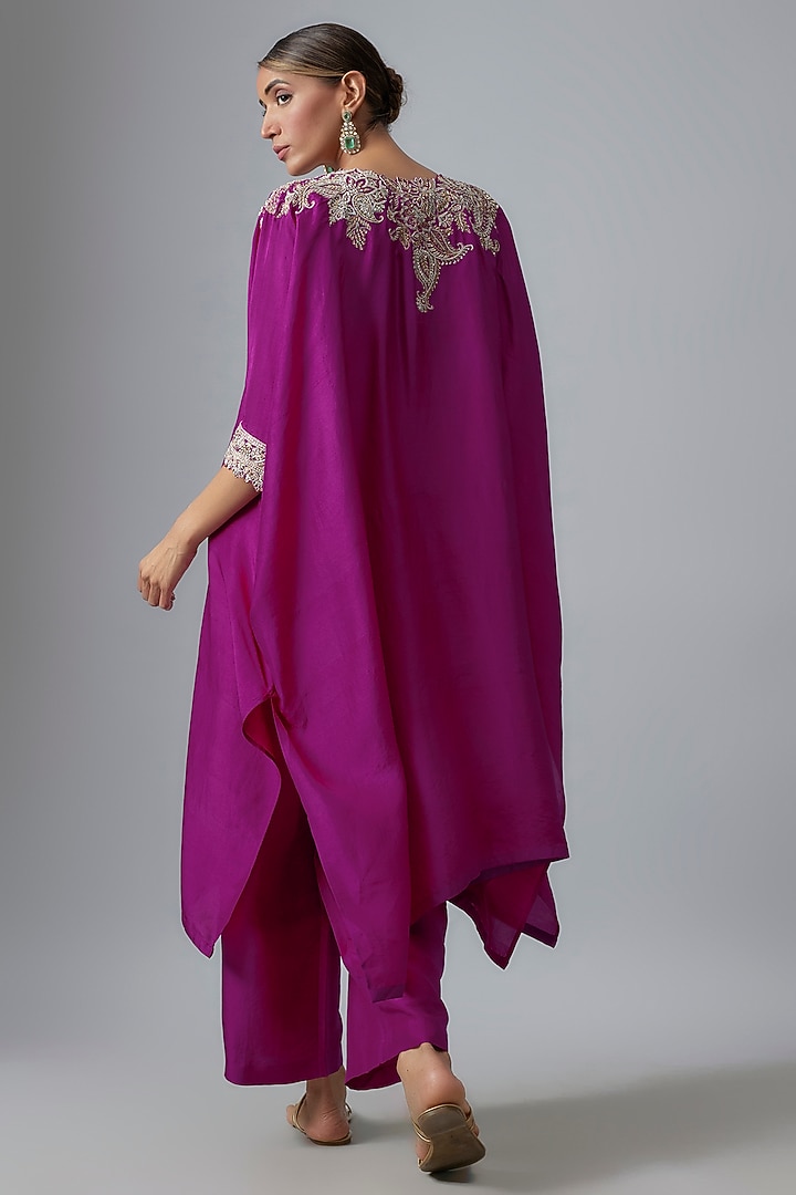Magenta Pink Silk Zardosi & Pearl Hand Embroidered Kaftan Set by Mrunalini Rao at Pernia's Pop Up Shop