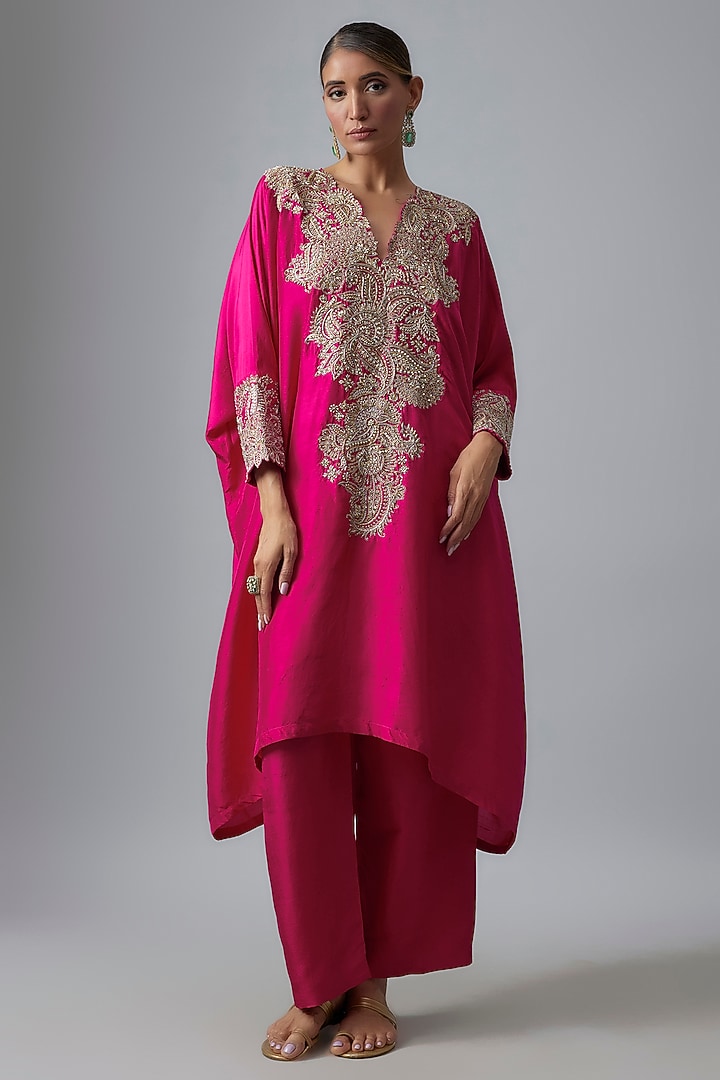 Hot Pink Silk Zardosi & Pearl Hand Embroidered Kaftan Set by Mrunalini Rao at Pernia's Pop Up Shop