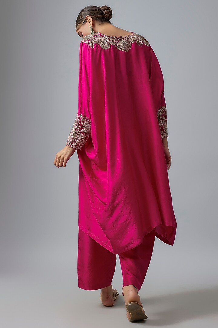 Hot Pink Silk Zardosi & Pearl Hand Embroidered Kaftan Set by Mrunalini Rao at Pernia's Pop Up Shop