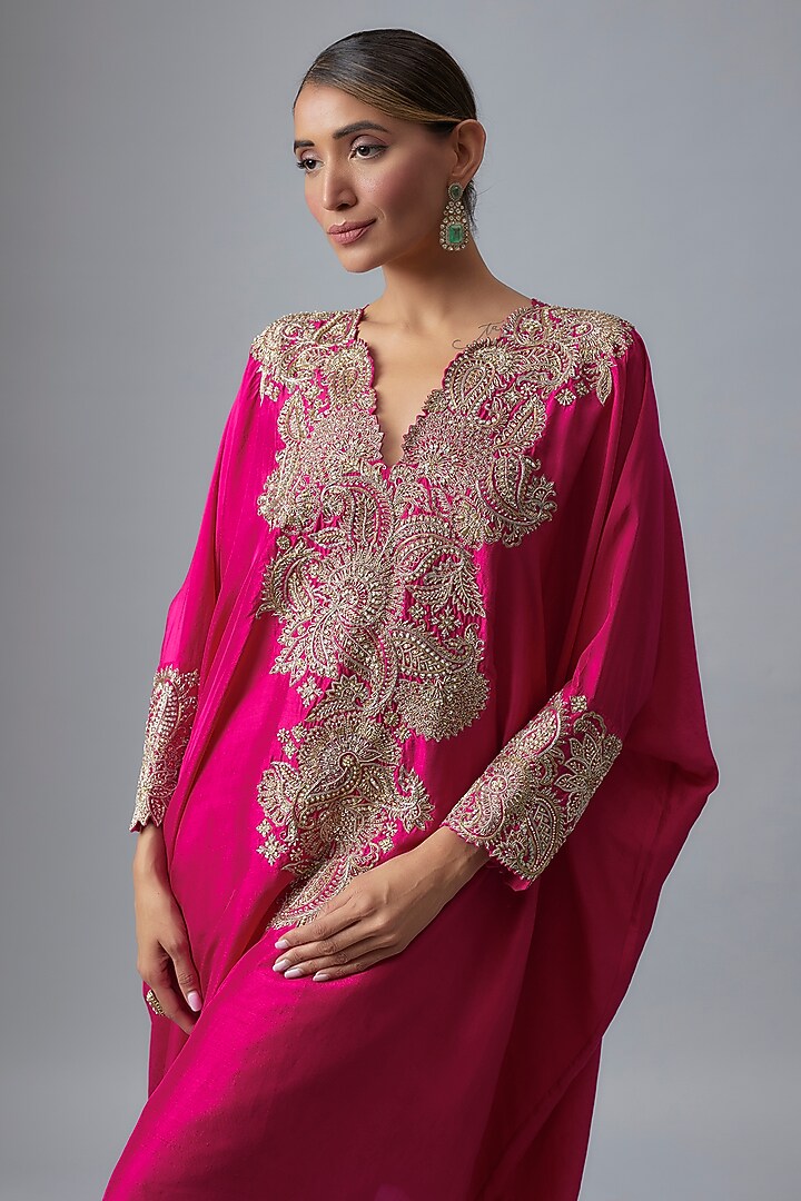 Hot Pink Silk Zardosi & Pearl Hand Embroidered Kaftan Set by Mrunalini Rao at Pernia's Pop Up Shop