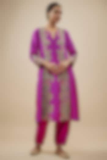 Magenta Pink Pure Silk Floral Hand Embroidered A-Line Kurta Set by Mrunalini Rao at Pernia's Pop Up Shop