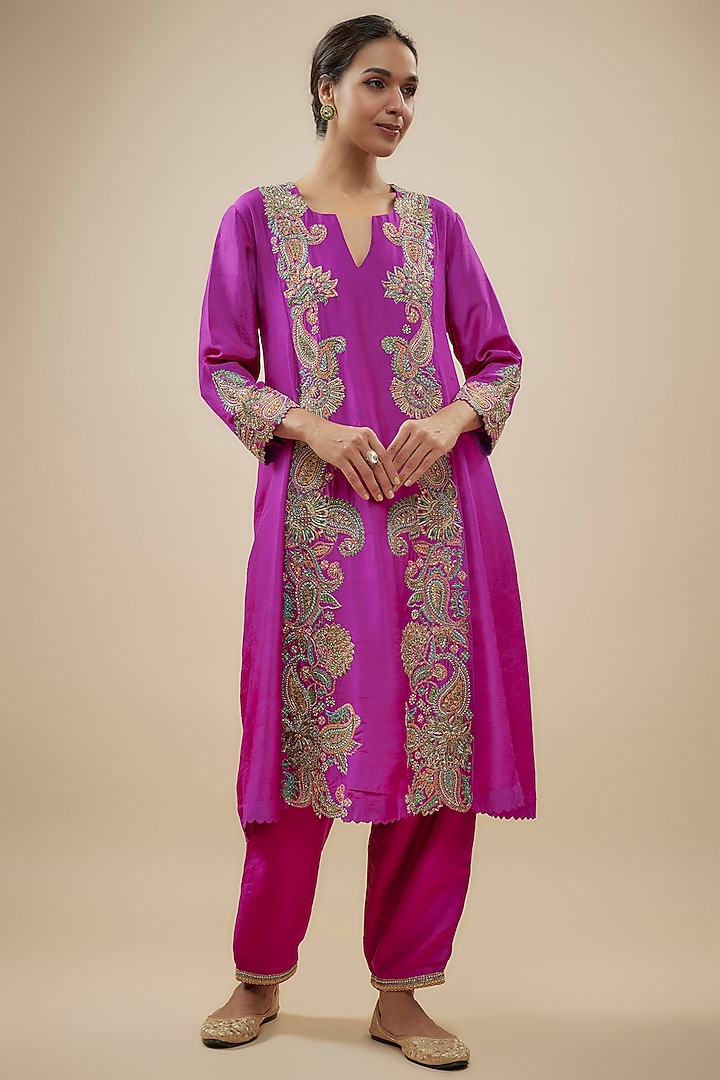 Magenta Pink Pure Silk Floral Hand Embroidered A-Line Kurta Set by Mrunalini Rao at Pernia's Pop Up Shop
