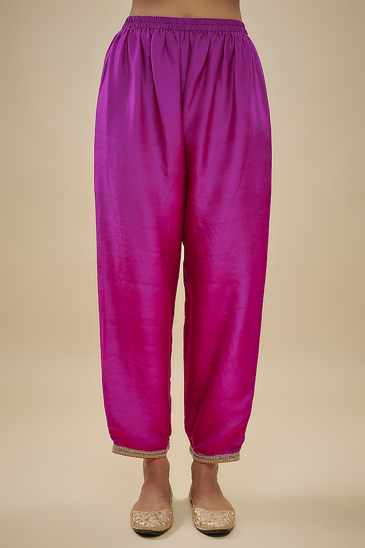Magenta Pink Pure Silk Floral Hand Embroidered A-Line Kurta Set by Mrunalini Rao at Pernia's Pop Up Shop