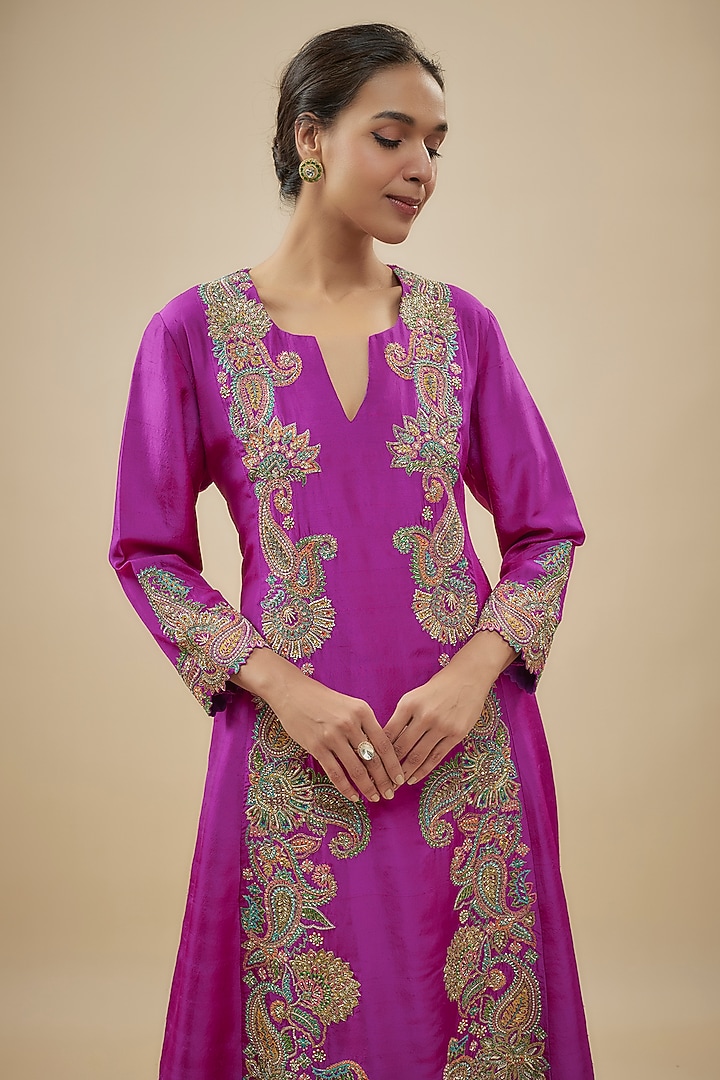 Magenta Pink Pure Silk Floral Hand Embroidered A-Line Kurta Set by Mrunalini Rao at Pernia's Pop Up Shop