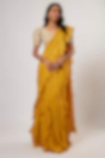 Mustard Yellow Chiffon Ruffled Kalidar Saree Set by Mrunalini Rao at Pernia's Pop Up Shop