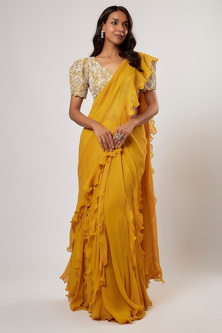 Mustard Yellow Chiffon Ruffled Kalidar Saree Set by Mrunalini Rao at Pernia's Pop Up Shop