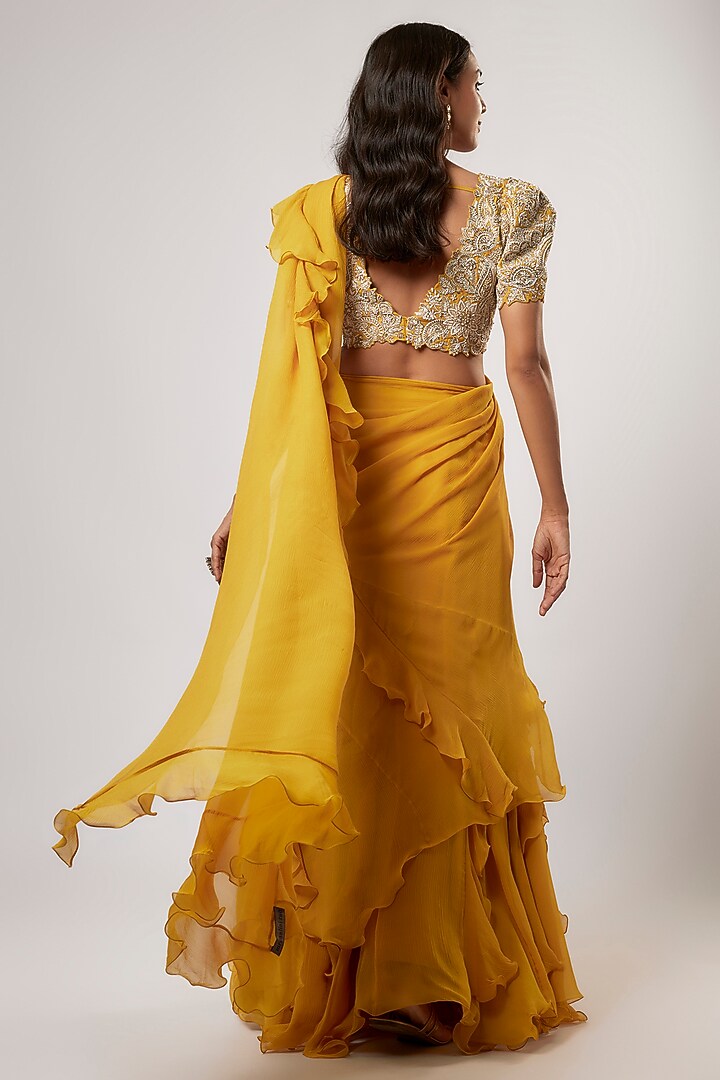 Mustard Yellow Chiffon Ruffled Kalidar Reception Saree Set by Mrunalini Rao at Pernia's Pop Up Shop