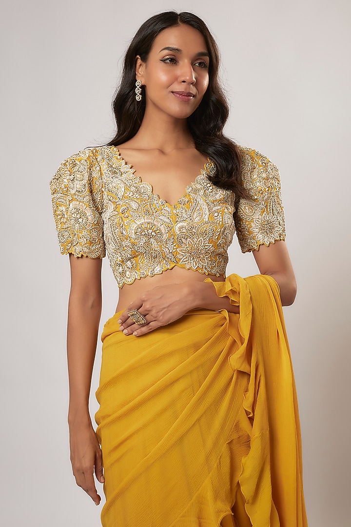 Mustard Yellow Chiffon Ruffled Kalidar Reception Saree Set by Mrunalini Rao at Pernia's Pop Up Shop