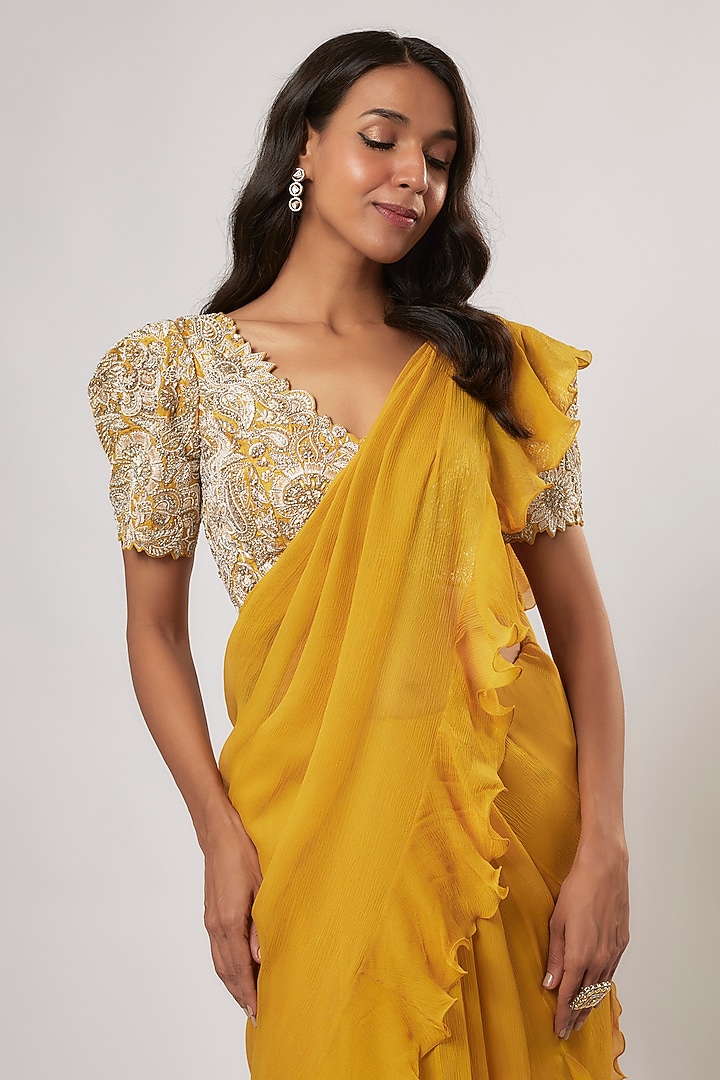 Mustard Yellow Chiffon Ruffled Kalidar Reception Saree Set by Mrunalini Rao at Pernia's Pop Up Shop