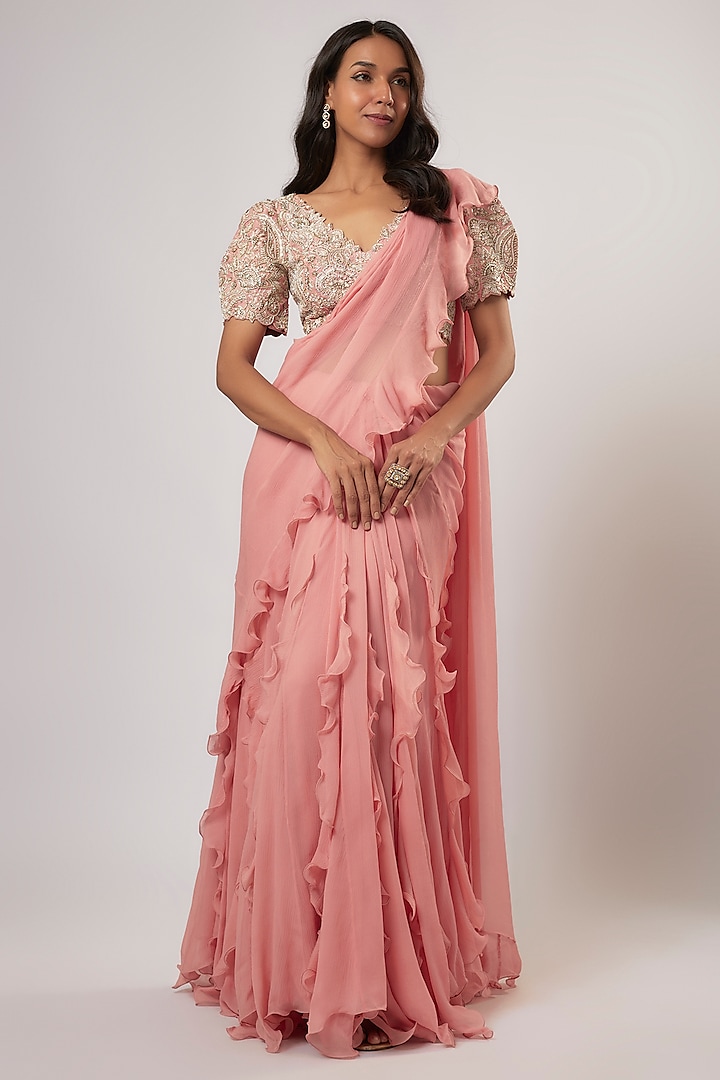 Peach Chiffon Ruffled Kalidar Saree Set by Mrunalini Rao at Pernia's Pop Up Shop