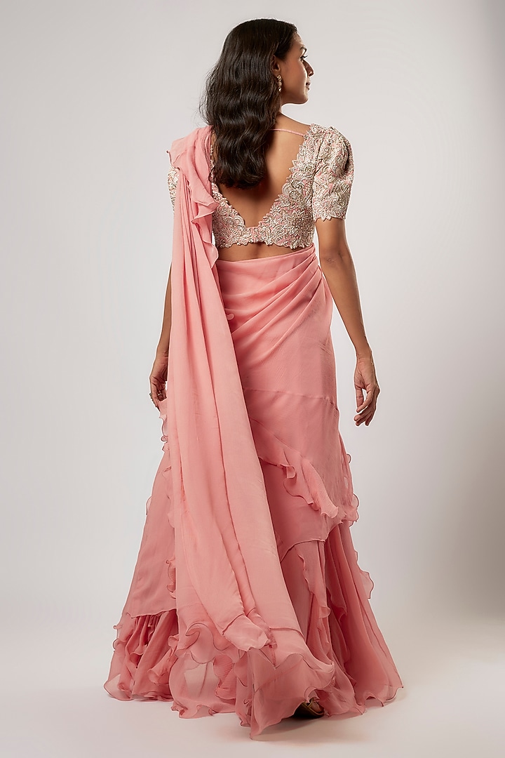 Peach Chiffon Ruffled Kalidar Reception Saree Set by Mrunalini Rao at Pernia's Pop Up Shop