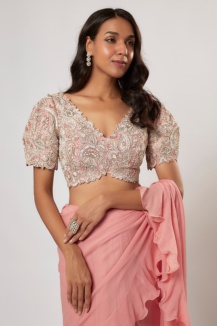 Peach Chiffon Ruffled Kalidar Reception Saree Set by Mrunalini Rao at Pernia's Pop Up Shop
