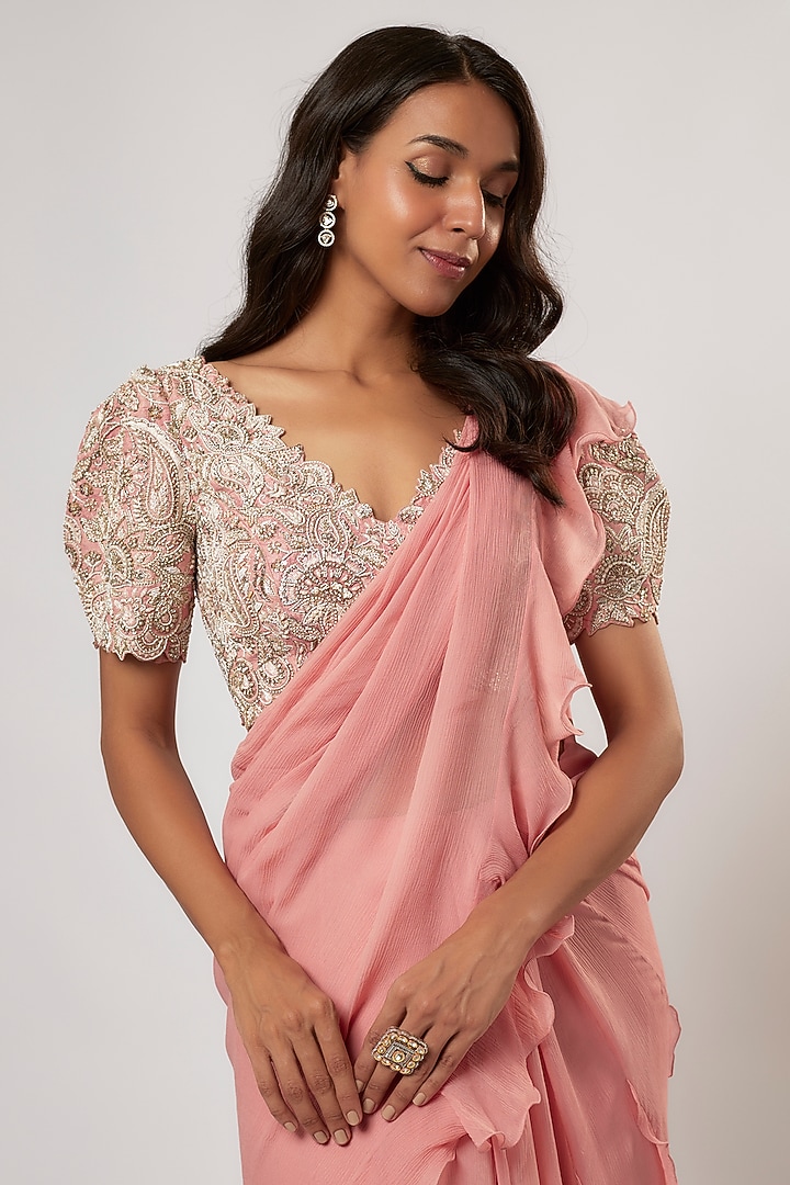 Peach Chiffon Ruffled Kalidar Reception Saree Set by Mrunalini Rao at Pernia's Pop Up Shop