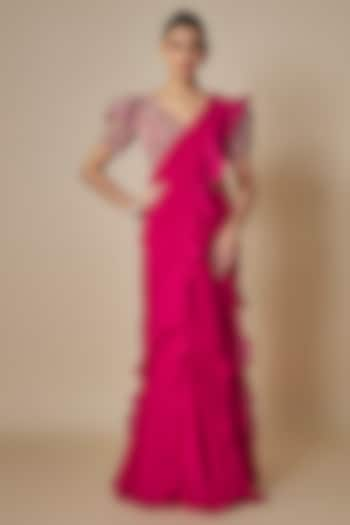 Hot Pink Chiffon Ruffled Saree Set by Mrunalini Rao at Pernia's Pop Up Shop