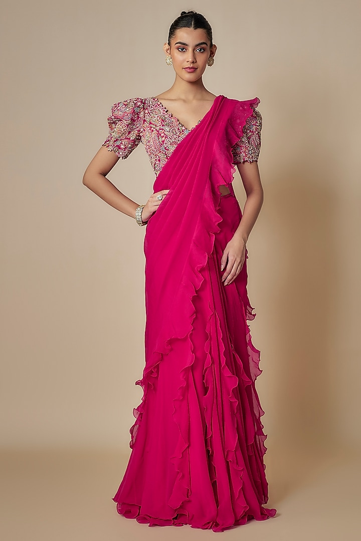 Hot Pink Chiffon Ruffled Saree Set by Mrunalini Rao at Pernia's Pop Up Shop