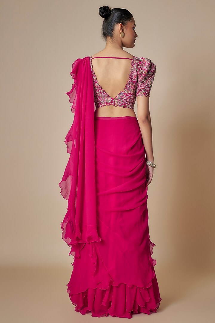 Hot Pink Chiffon Ruffled Reception Saree Set by Mrunalini Rao at Pernia's Pop Up Shop
