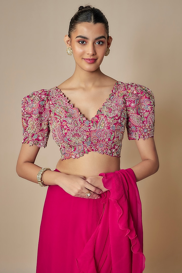 Hot Pink Chiffon Ruffled Reception Saree Set by Mrunalini Rao at Pernia's Pop Up Shop
