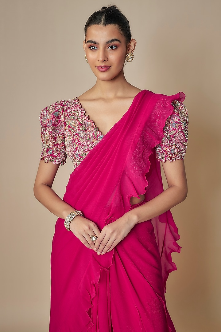 Hot Pink Chiffon Ruffled Reception Saree Set by Mrunalini Rao at Pernia's Pop Up Shop