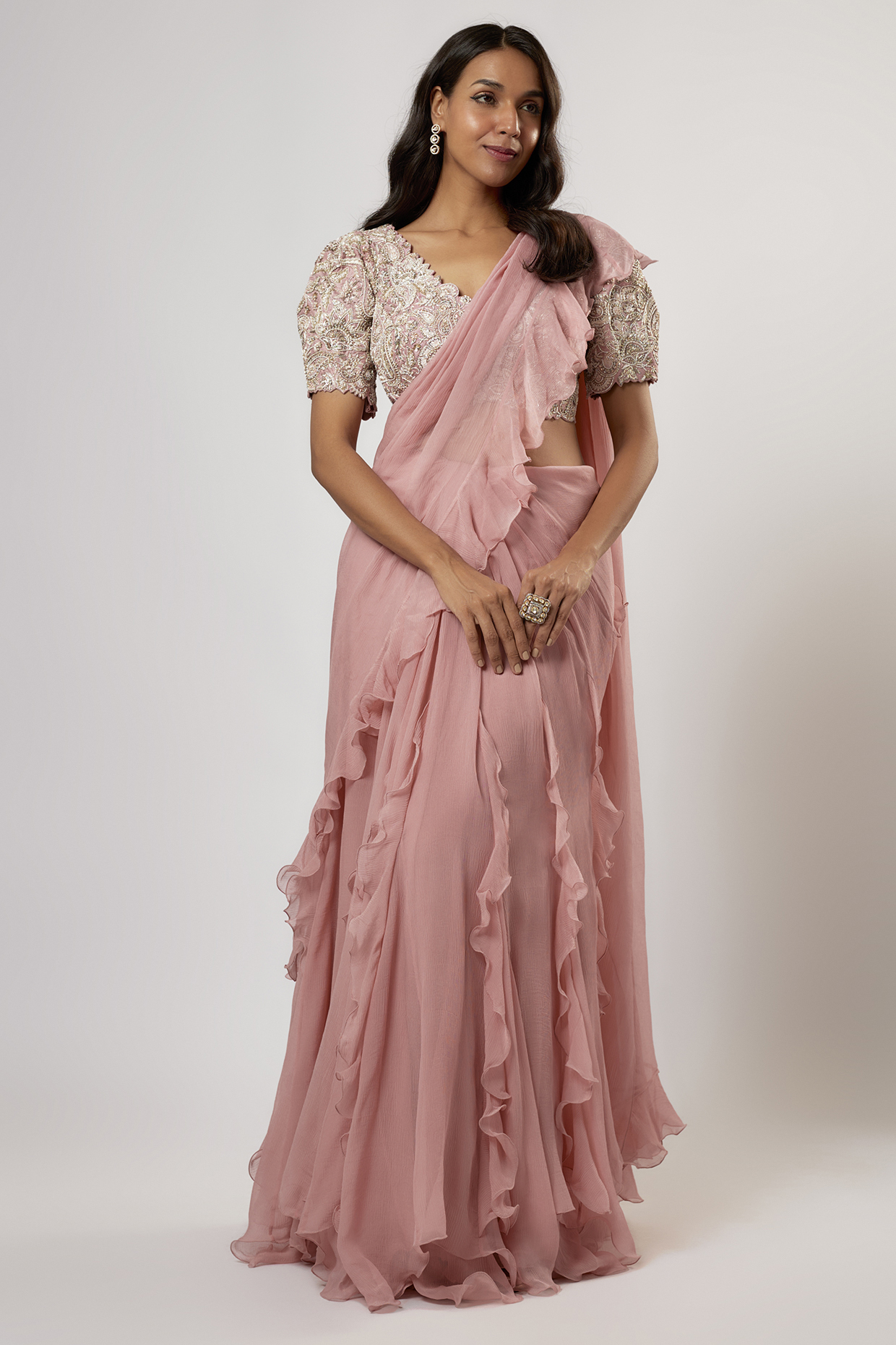 Blush Pink Chiffon Ruffled Kalidar Reception Saree Set by Mrunalini Rao at Pernia's Pop Up Shop