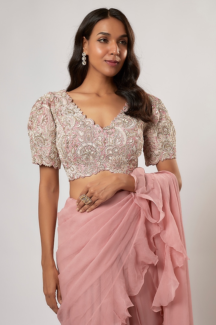 Blush Pink Chiffon Ruffled Kalidar Reception Saree Set by Mrunalini Rao at Pernia's Pop Up Shop