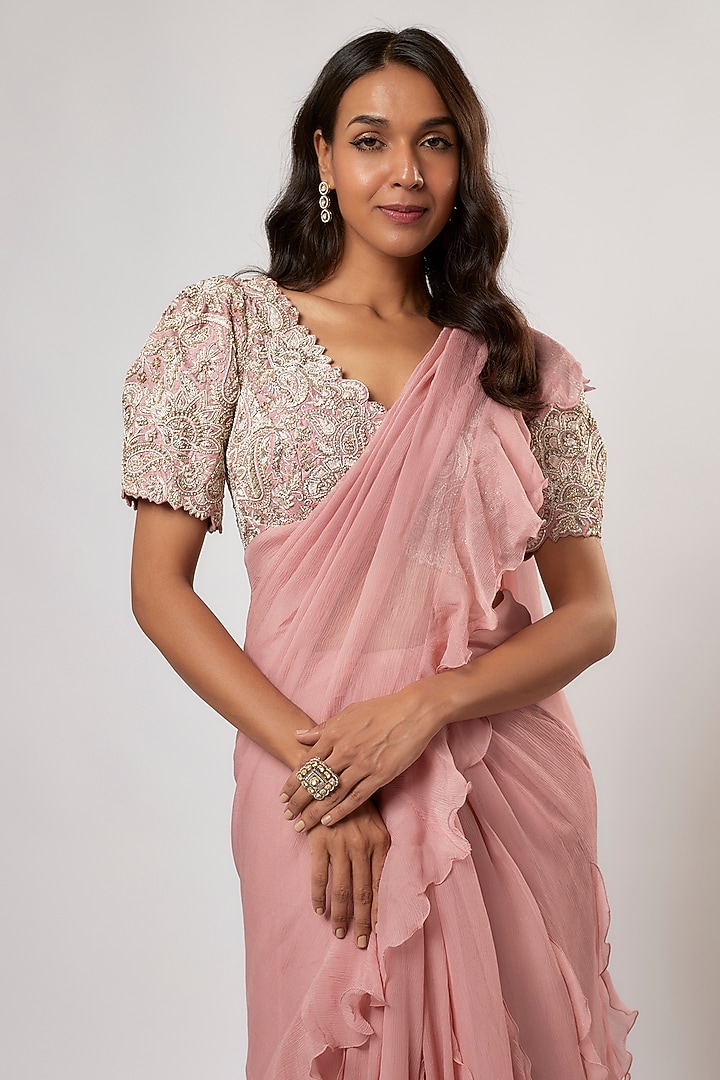 Blush Pink Chiffon Ruffled Kalidar Reception Saree Set by Mrunalini Rao at Pernia's Pop Up Shop
