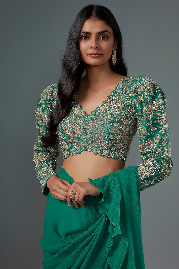 Rama Green Chiffon Ruffled Reception Saree Set by Mrunalini Rao at Pernia's Pop Up Shop