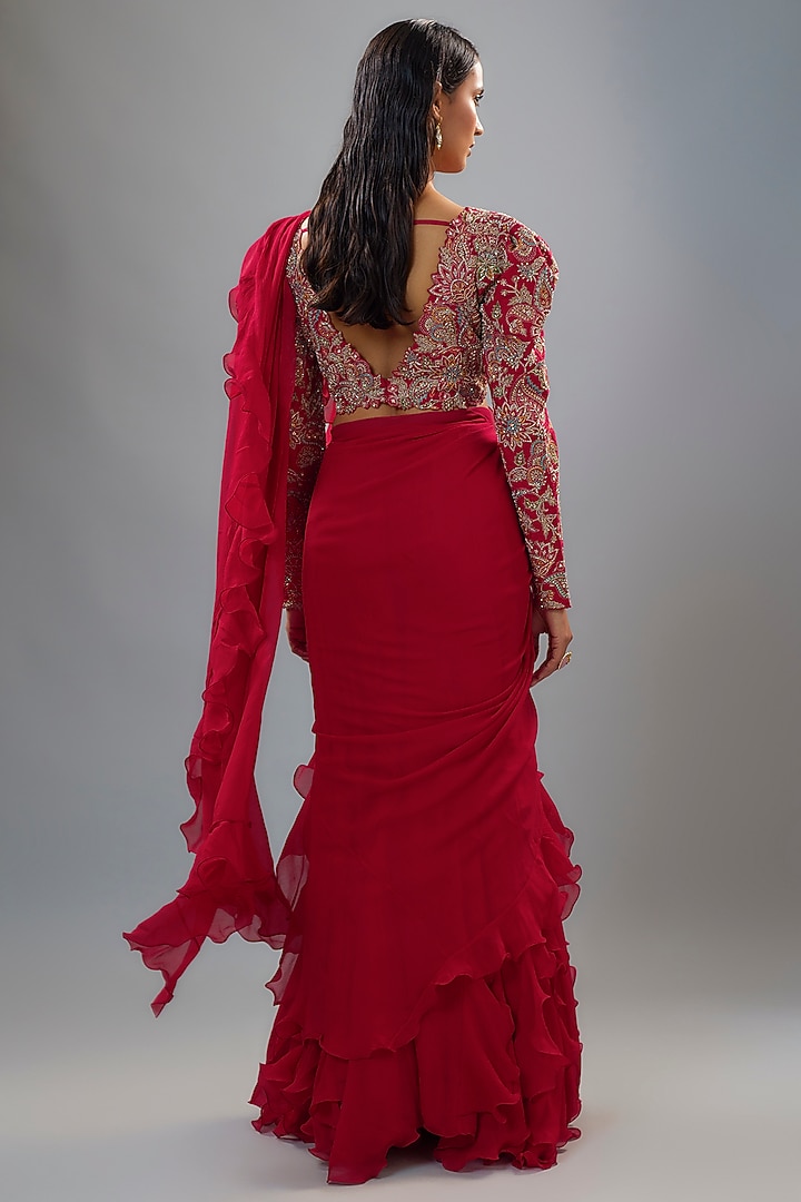 Red Chiffon Ruffled Reception Saree Set by Mrunalini Rao at Pernia's Pop Up Shop